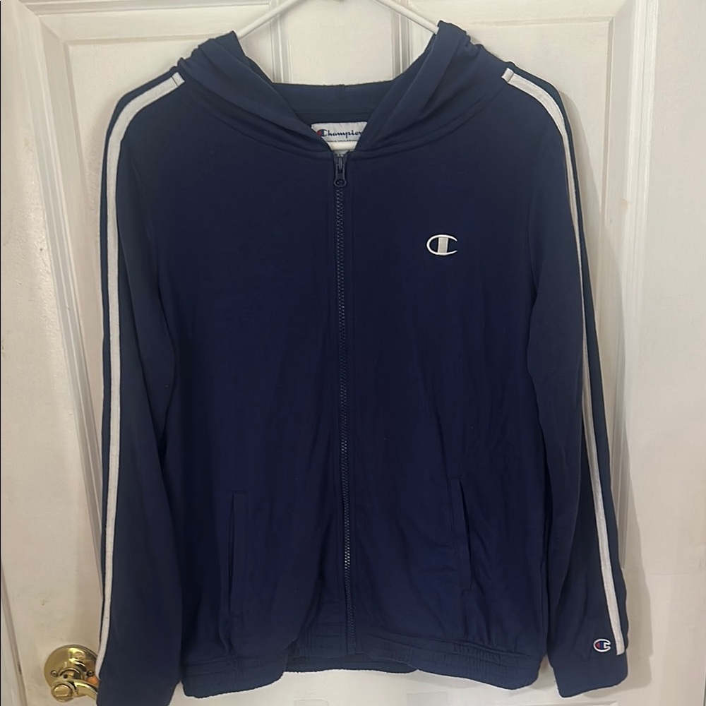 Champion Dark Blue Hoodie with White Stripes